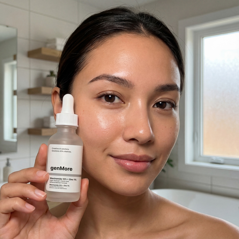 Photorealistic genMore product scene showing premium packaging with accurate label details